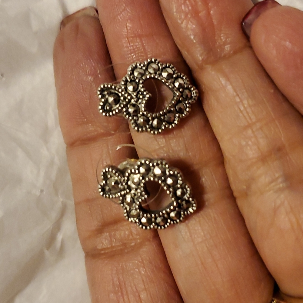Marcasite Heart Pierced Earrings, 1/2 inch size, Antique Silver Finish, Artsy - Picture 2 of 4